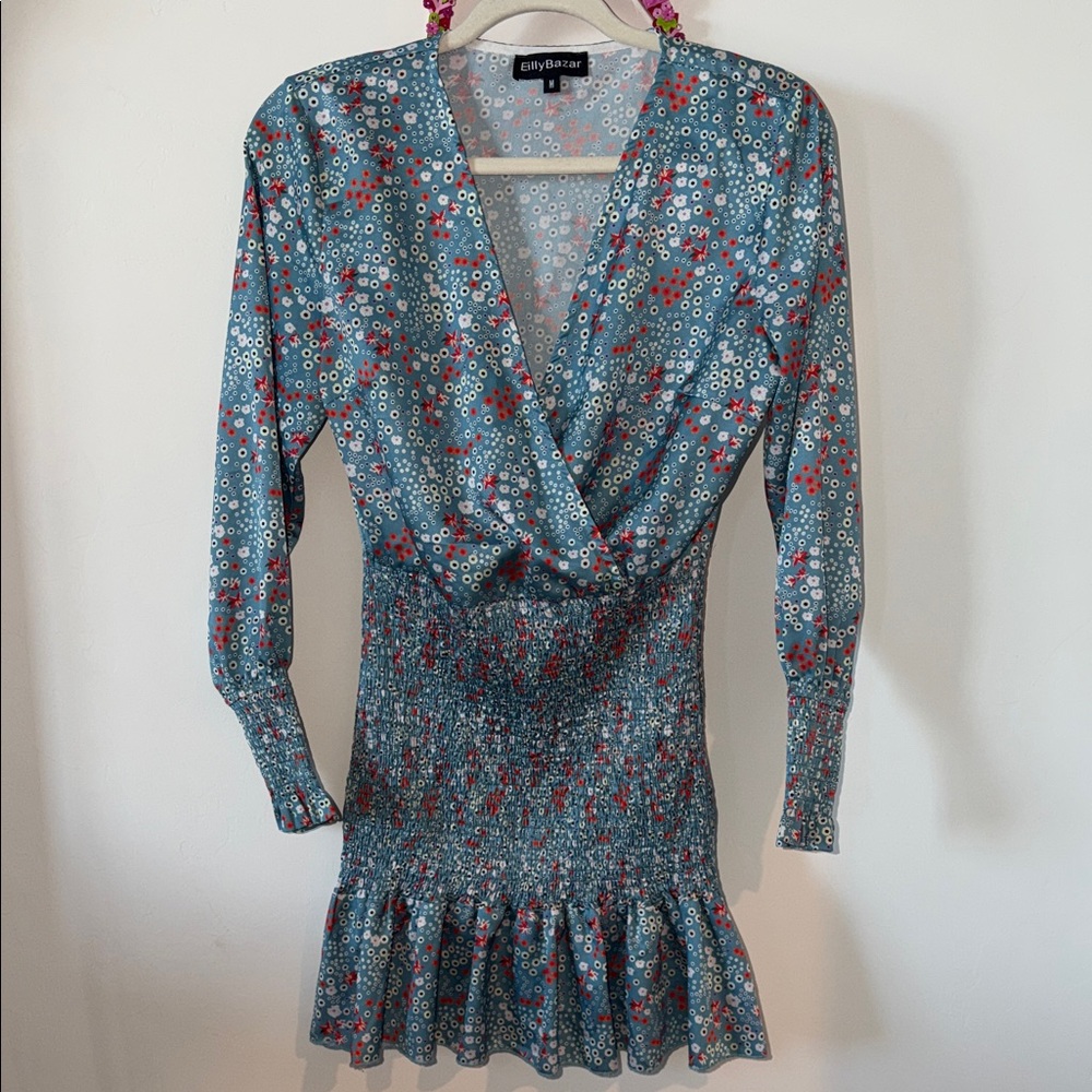 BILLY BAZAAR Teal Floral Wrap-Front Smocked Waist Dress